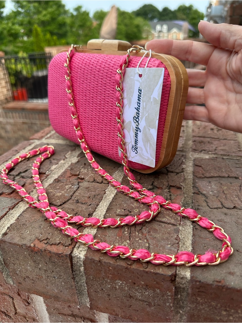 Tommy Bahama Hot Pink Woven Clutch/Crossbody with Gold Chain